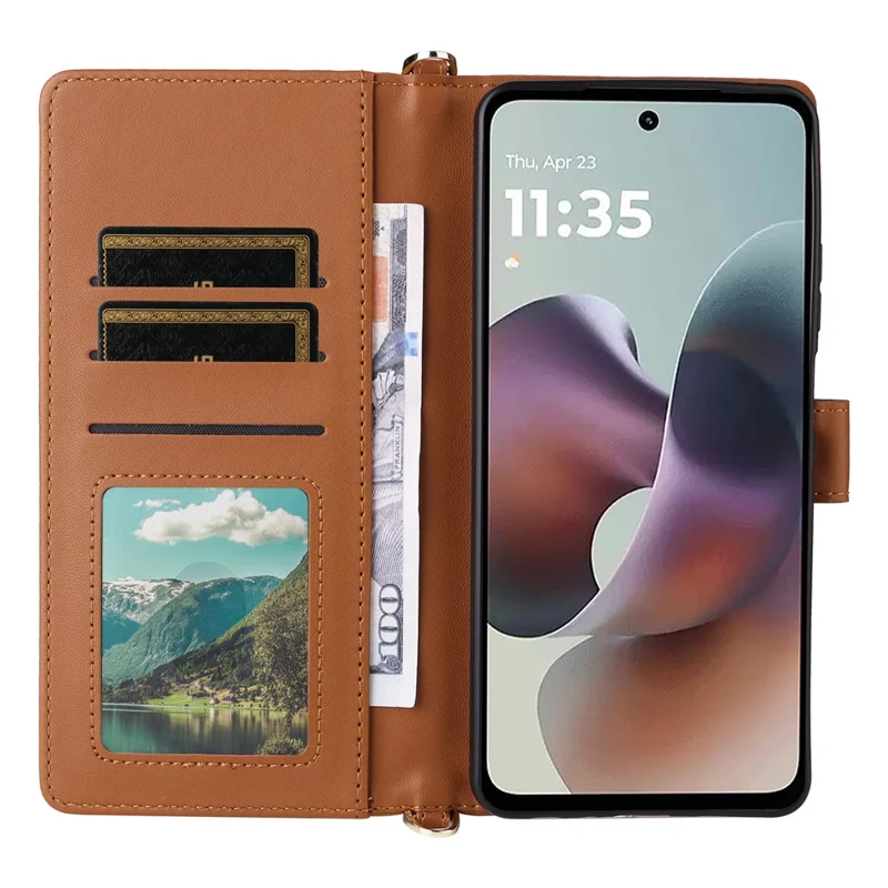 Capa para Motorola Moto G56 5G com Alça de Ombro / Pulso, Couro, Suporte de Carteira - Marrom