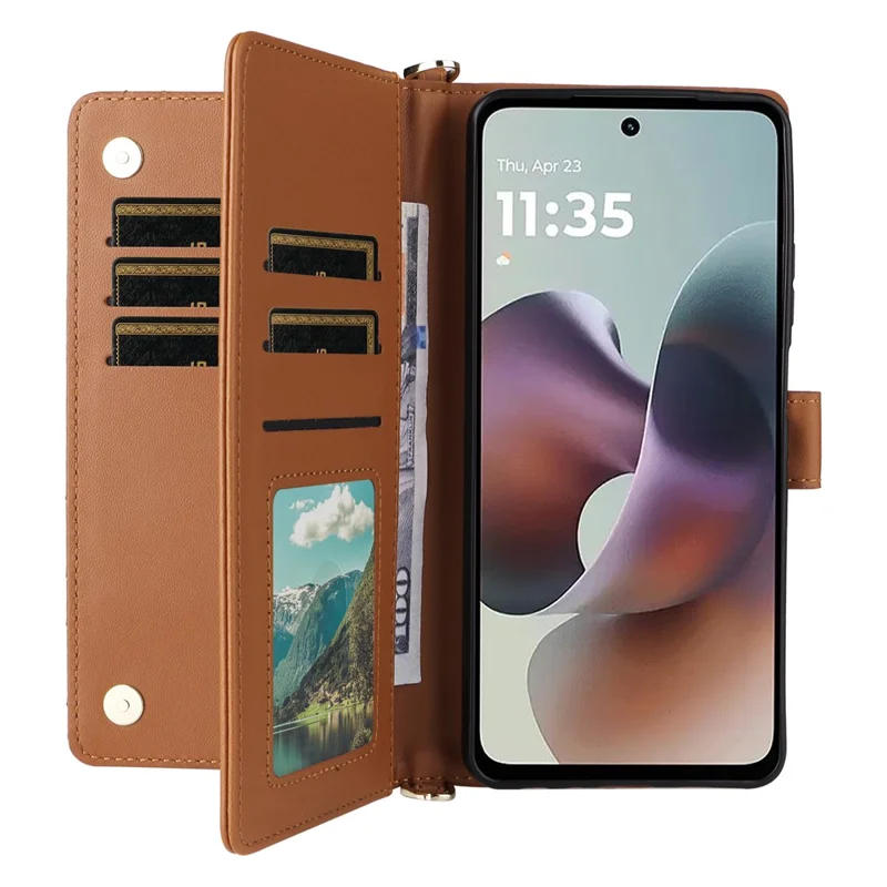 Capa para Motorola Moto G56 5G com Alça de Ombro / Pulso, Couro, Suporte de Carteira - Marrom