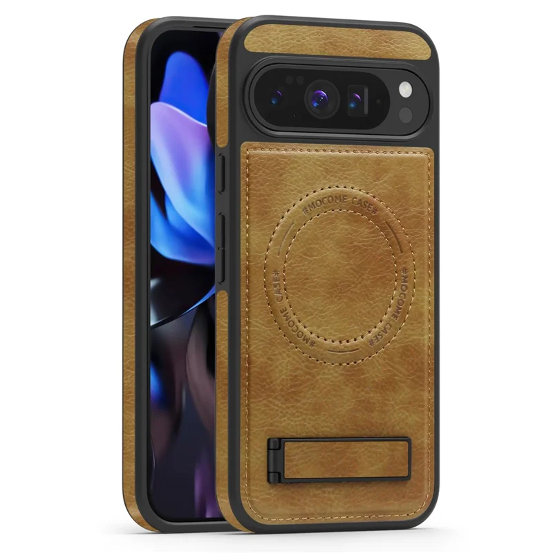For Google Pixel 10 Pro XL Magnetic Case with Folded Kickstand PC Silicone Leather Phone Back Cover - Brown
