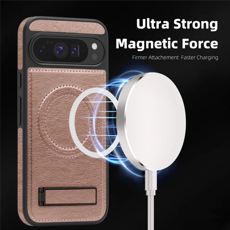 For Google Pixel 10 Pro XL Magnetic Case with Folded Kickstand PC Silicone Leather Phone Back Cover - Rose Gold