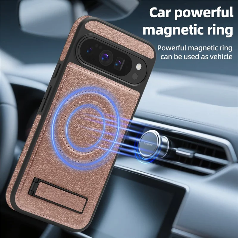 For Google Pixel 10 Pro XL Magnetic Case with Folded Kickstand PC Silicone Leather Phone Back Cover - Rose Gold