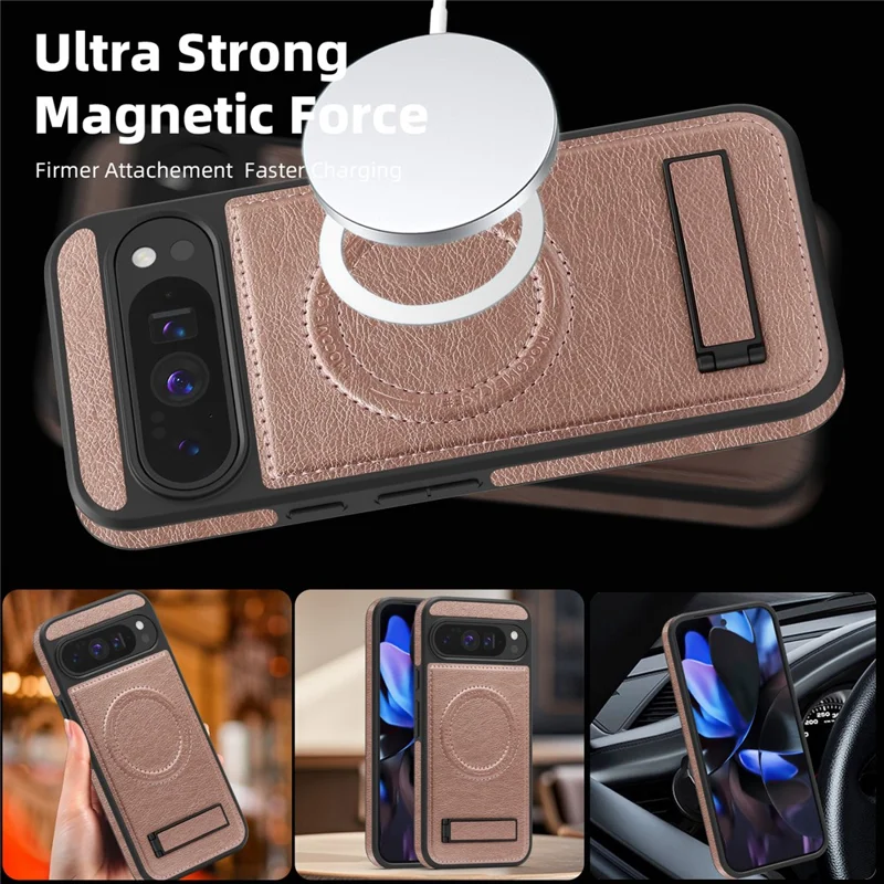 For Google Pixel 10 Pro XL Magnetic Case with Folded Kickstand PC Silicone Leather Phone Back Cover - Rose Gold