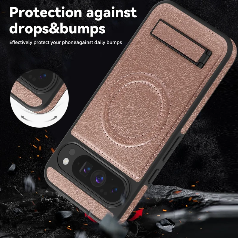For Google Pixel 10 Pro XL Magnetic Case with Folded Kickstand PC Silicone Leather Phone Back Cover - Rose Gold