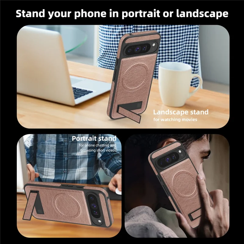 For Google Pixel 10 Pro XL Magnetic Case with Folded Kickstand PC Silicone Leather Phone Back Cover - Rose Gold