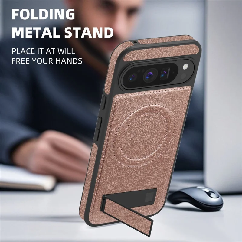For Google Pixel 10 Pro XL Magnetic Case with Folded Kickstand PC Silicone Leather Phone Back Cover - Rose Gold
