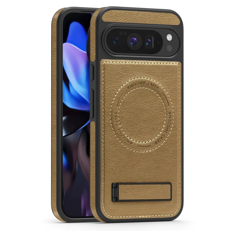 For Google Pixel 10 Pro XL Magnetic Case with Folded Kickstand PC Silicone Leather Phone Back Cover - Desert Gold