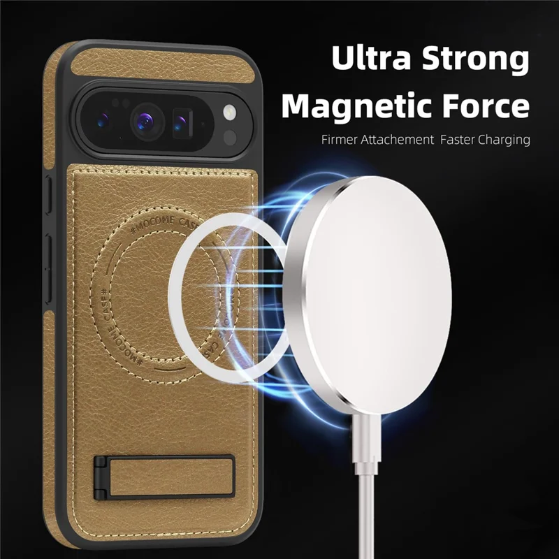 For Google Pixel 10 Pro XL Magnetic Case with Folded Kickstand PC Silicone Leather Phone Back Cover - Desert Gold