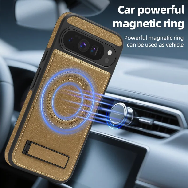 For Google Pixel 10 Pro XL Magnetic Case with Folded Kickstand PC Silicone Leather Phone Back Cover - Desert Gold