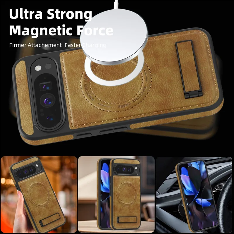For Google Pixel 10 Pro XL Magnetic Case with Folded Kickstand PC Silicone Leather Phone Back Cover - Desert Gold