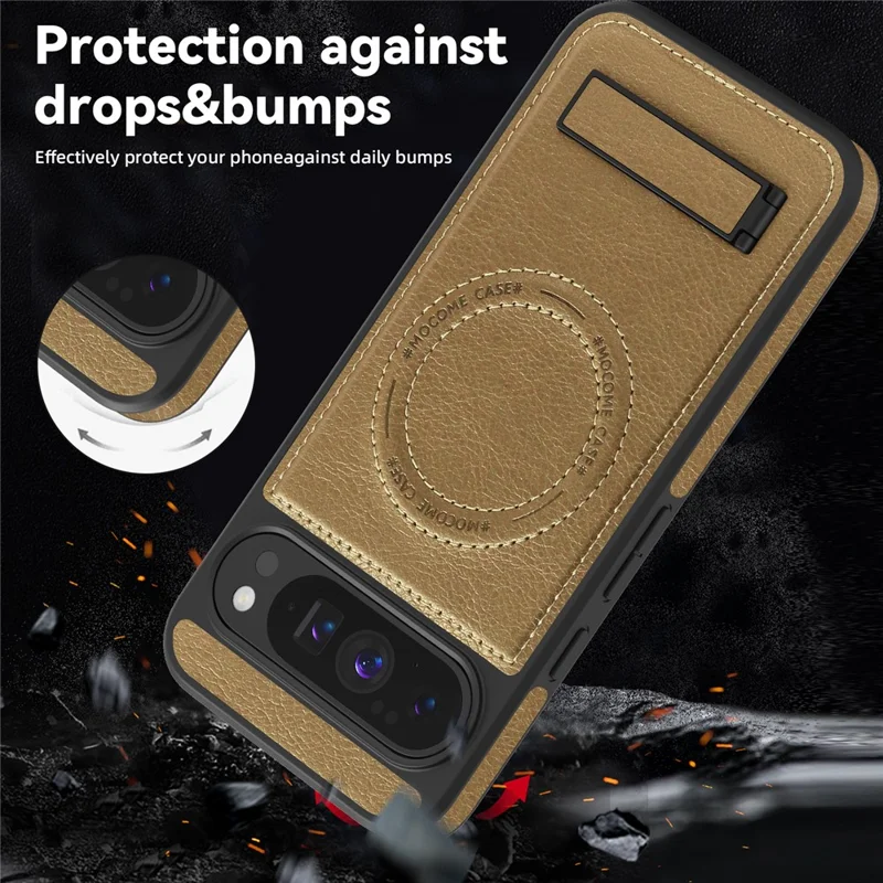 For Google Pixel 10 Pro XL Magnetic Case with Folded Kickstand PC Silicone Leather Phone Back Cover - Desert Gold