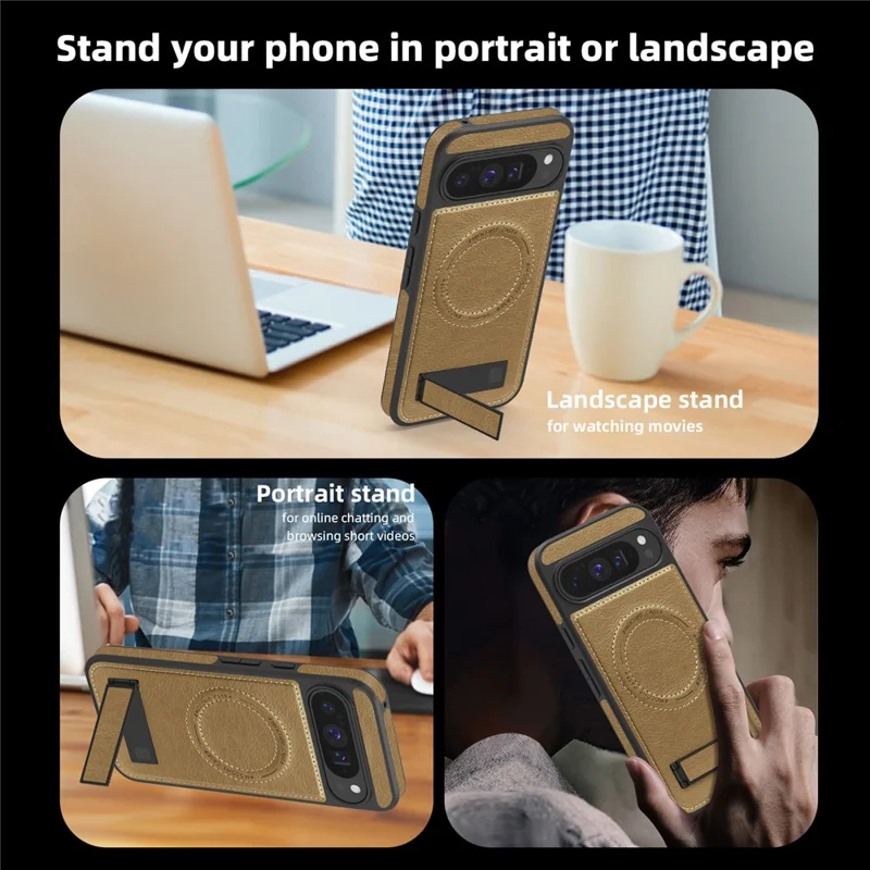 For Google Pixel 10 Pro XL Magnetic Case with Folded Kickstand PC Silicone Leather Phone Back Cover - Desert Gold