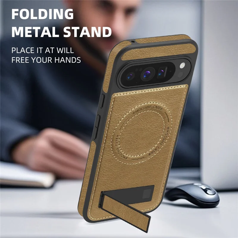For Google Pixel 10 Pro XL Magnetic Case with Folded Kickstand PC Silicone Leather Phone Back Cover - Desert Gold