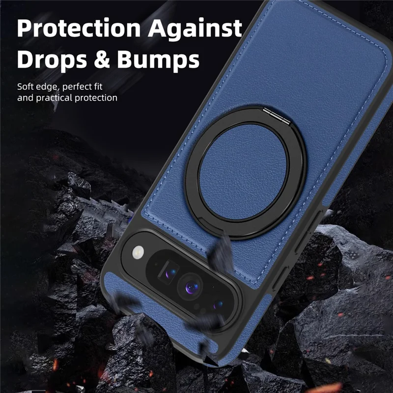 For Google Pixel 10 Pro  /  Pixel 10 Case with Ring Kickstand Compatible with MagSafe PU Leather Back Cover - Sapphire