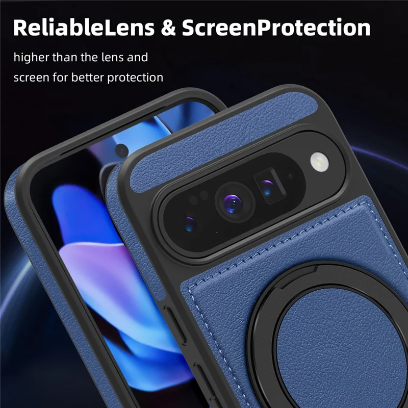 For Google Pixel 10 Pro  /  Pixel 10 Case with Ring Kickstand Compatible with MagSafe PU Leather Back Cover - Sapphire
