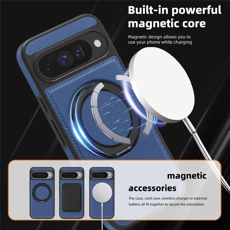 For Google Pixel 10 Pro  /  Pixel 10 Case with Ring Kickstand Compatible with MagSafe PU Leather Back Cover - Sapphire