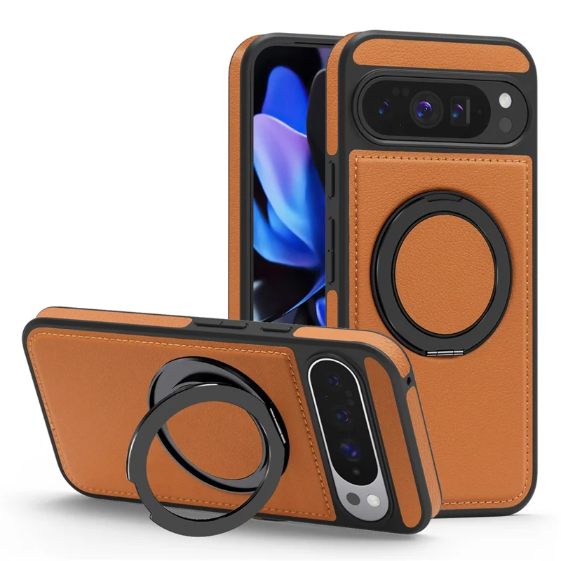 For Google Pixel 10 Pro XL Case with Ring Kickstand Magnetic Case PU Leather Back Cover - Brown