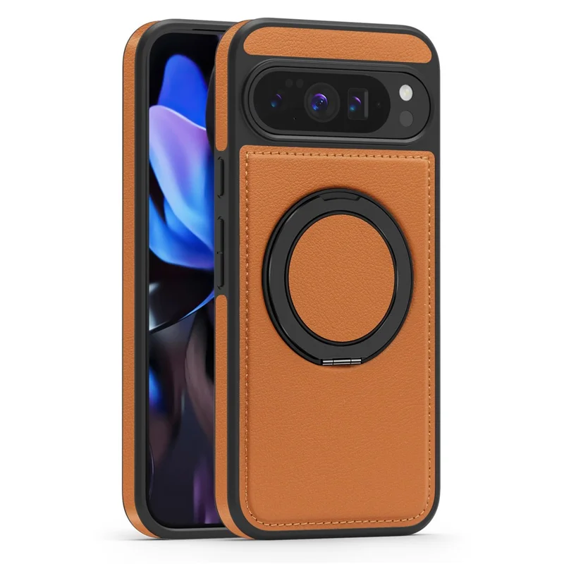 For Google Pixel 10 Pro XL Case with Ring Kickstand Magnetic Case PU Leather Back Cover - Brown