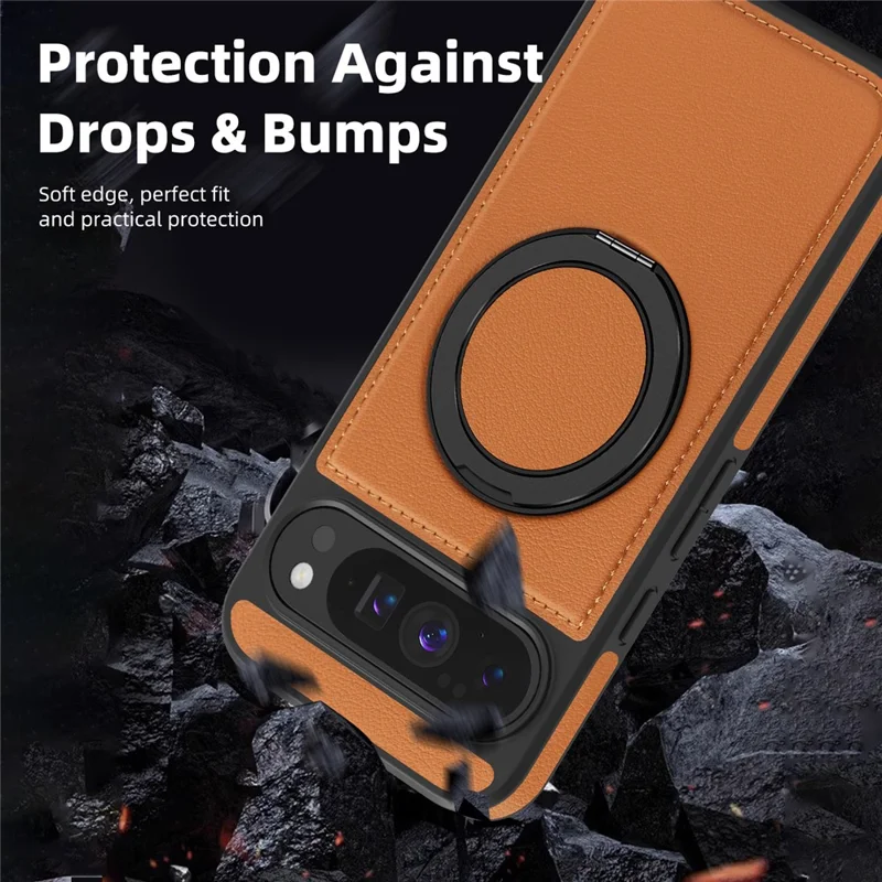 For Google Pixel 10 Pro XL Case with Ring Kickstand Magnetic Case PU Leather Back Cover - Brown