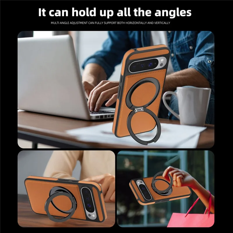 For Google Pixel 10 Pro XL Case with Ring Kickstand Magnetic Case PU Leather Back Cover - Brown