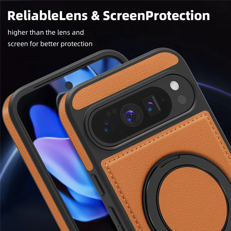 For Google Pixel 10 Pro XL Case with Ring Kickstand Magnetic Case PU Leather Back Cover - Brown