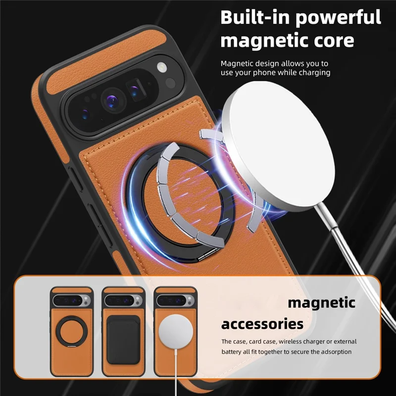 For Google Pixel 10 Pro XL Case with Ring Kickstand Magnetic Case PU Leather Back Cover - Brown