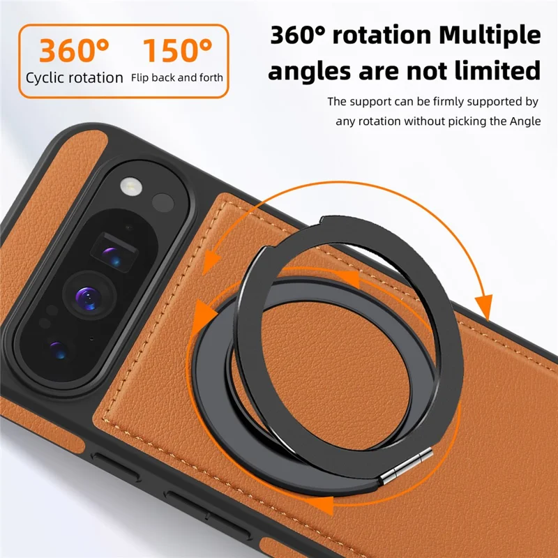 For Google Pixel 10 Pro XL Case with Ring Kickstand Magnetic Case PU Leather Back Cover - Brown