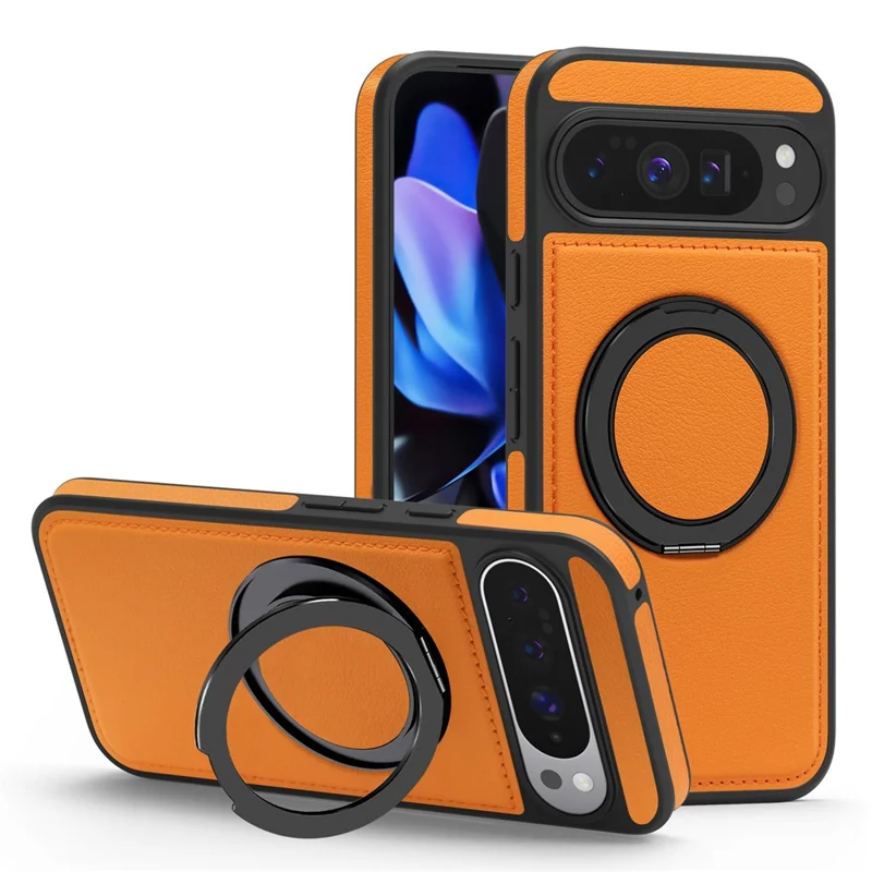 For Google Pixel 10 Pro XL Case with Ring Kickstand Magnetic Case PU Leather Back Cover - Orange