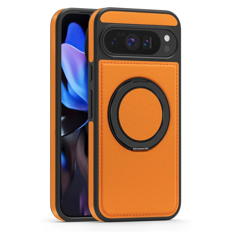 For Google Pixel 10 Pro XL Case with Ring Kickstand Magnetic Case PU Leather Back Cover - Orange