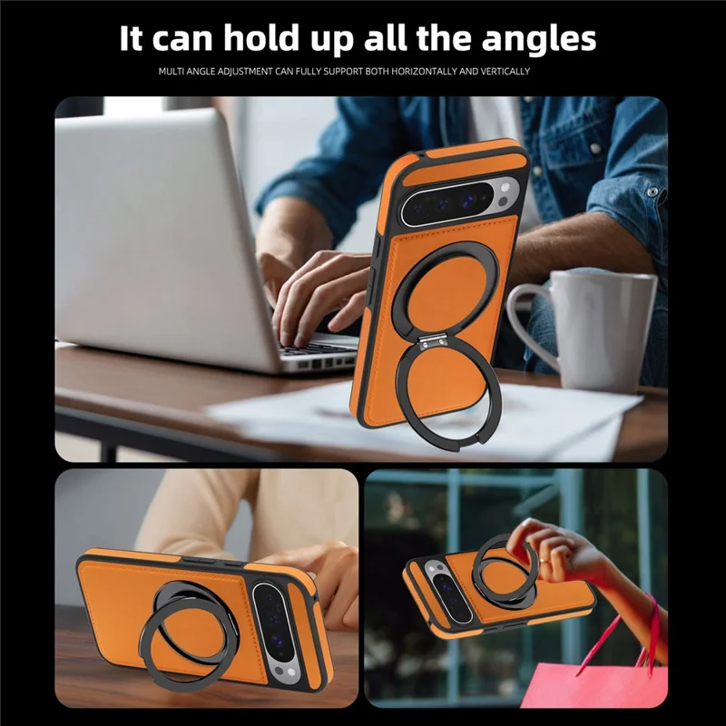 For Google Pixel 10 Pro XL Case with Ring Kickstand Magnetic Case PU Leather Back Cover - Orange