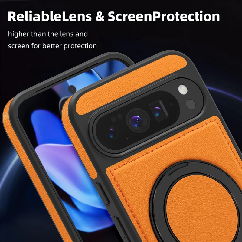 For Google Pixel 10 Pro XL Case with Ring Kickstand Magnetic Case PU Leather Back Cover - Orange