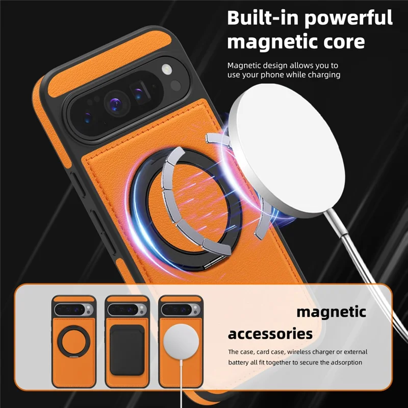 For Google Pixel 10 Pro XL Case with Ring Kickstand Magnetic Case PU Leather Back Cover - Orange