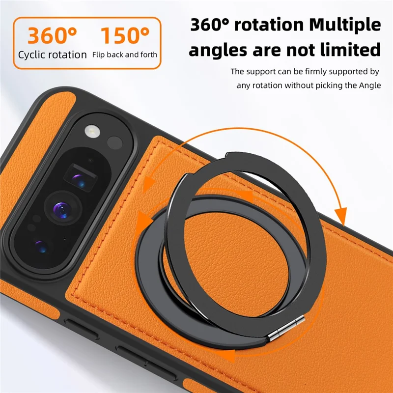 For Google Pixel 10 Pro XL Case with Ring Kickstand Magnetic Case PU Leather Back Cover - Orange