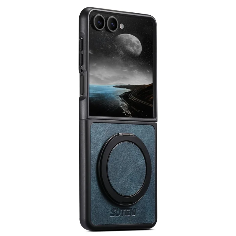 SUTENI G3 For Samsung Galaxy Z Flip7 5G Case Compatible with MagSafe Waxy Texture Rotating Kickstand Leather Phone Back Cover - Blue