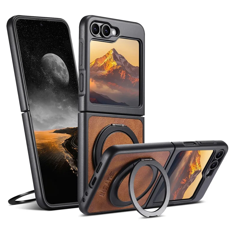 SUTENI G3 Funda para Samsung Galaxy Z Flip6 5G Compatible con MagSafe, Textura Encerada, Soporte Giratorio, Cubierta Trasera de Cuero - Marrón