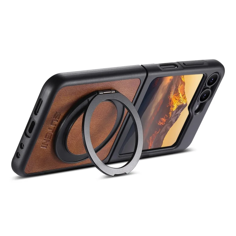 SUTENI G3 Funda para Samsung Galaxy Z Flip6 5G Compatible con MagSafe, Textura Encerada, Soporte Giratorio, Cubierta Trasera de Cuero - Marrón