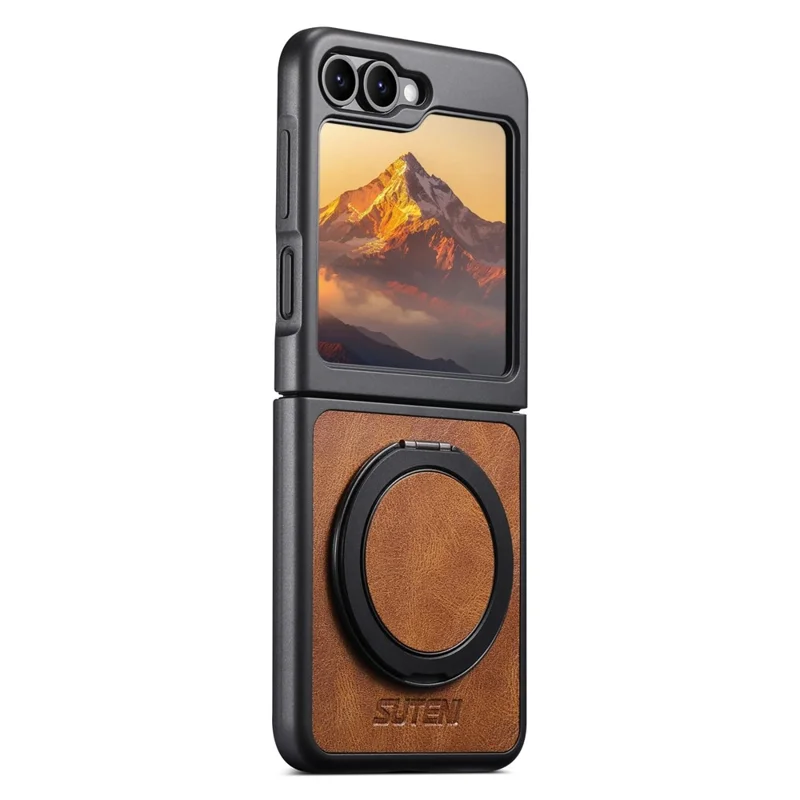 SUTENI G3 Funda para Samsung Galaxy Z Flip6 5G Compatible con MagSafe, Textura Encerada, Soporte Giratorio, Cubierta Trasera de Cuero - Marrón