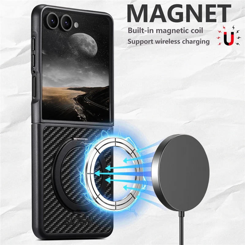 Capa SUTENI G3 para Samsung Galaxy Z Flip7 5G com Case Magnética, Suporte Giratório de 360 Graus, Textura de Fibra de Carbono e Capa Traseira de Telefone em PU