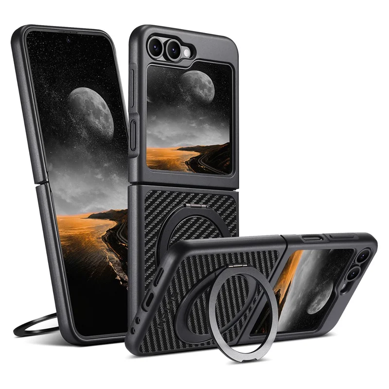SUTENI G3 Funda Magnética con Soporte Giratorio de 360 Grados para Samsung Galaxy Z Flip6 5G, Textura de Fibra de Carbono, Carcasa Trasera de Cuero PU
