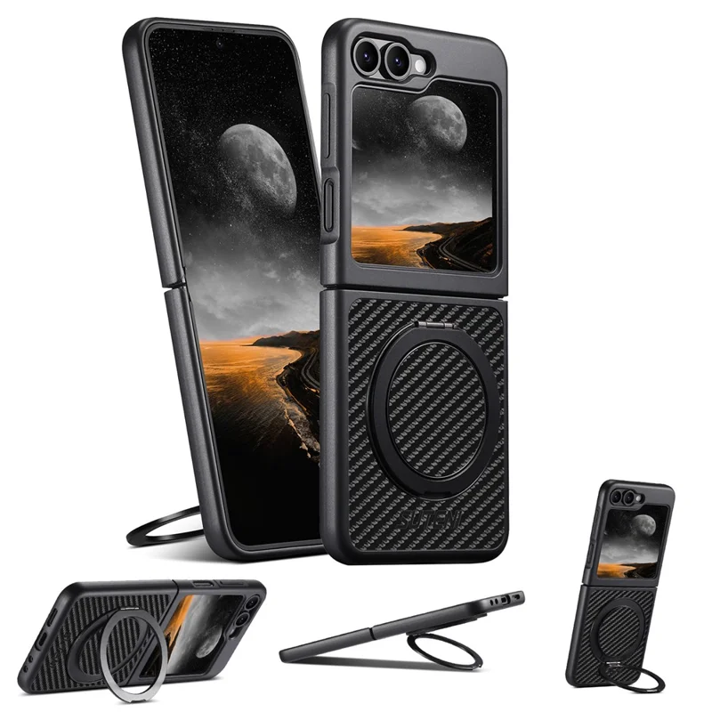 SUTENI G3 Funda Magnética con Soporte Giratorio de 360 Grados para Samsung Galaxy Z Flip6 5G, Textura de Fibra de Carbono, Carcasa Trasera de Cuero PU