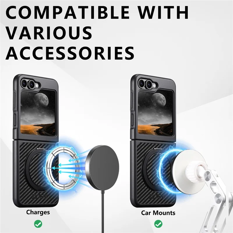 SUTENI G3 Funda Magnética con Soporte Giratorio de 360 Grados para Samsung Galaxy Z Flip6 5G, Textura de Fibra de Carbono, Carcasa Trasera de Cuero PU