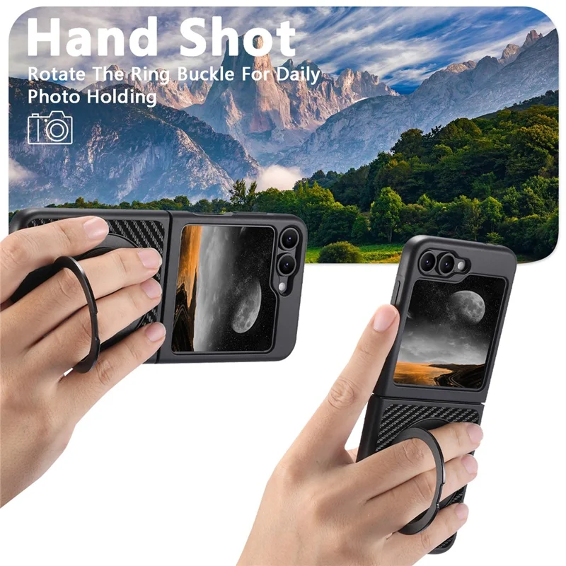 Capa SUTENI G3 para Samsung Galaxy Z Flip5 5G - Case Magnético com Suporte Giratório de 360 Graus, Textura de Fibra de Carbono e Parte Traseira em Couro Sintético