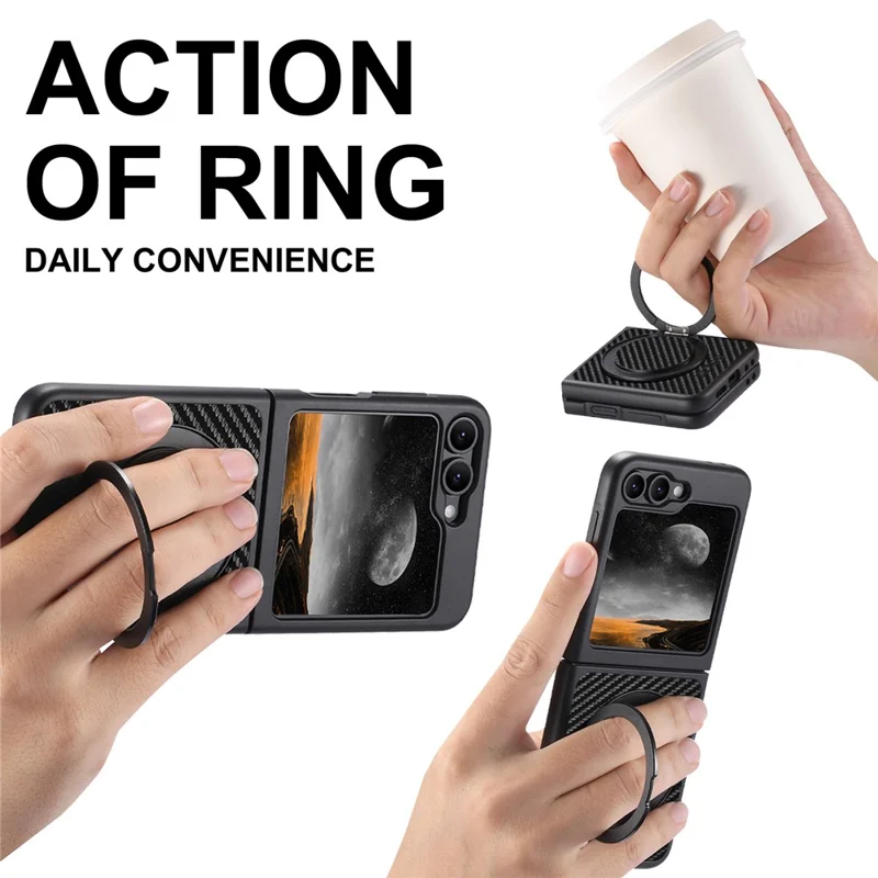 Capa SUTENI G3 para Samsung Galaxy Z Flip5 5G - Case Magnético com Suporte Giratório de 360 Graus, Textura de Fibra de Carbono e Parte Traseira em Couro Sintético