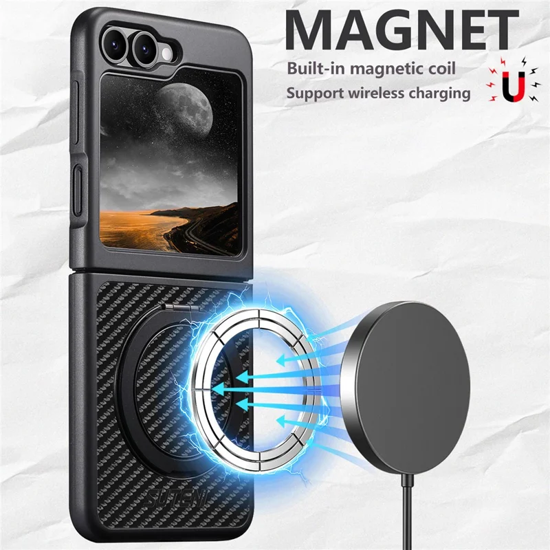 Capa SUTENI G3 para Samsung Galaxy Z Flip5 5G - Case Magnético com Suporte Giratório de 360 Graus, Textura de Fibra de Carbono e Parte Traseira em Couro Sintético