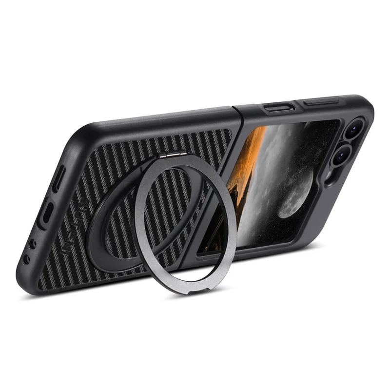 Capa SUTENI G3 para Samsung Galaxy Z Flip5 5G - Case Magnético com Suporte Giratório de 360 Graus, Textura de Fibra de Carbono e Parte Traseira em Couro Sintético