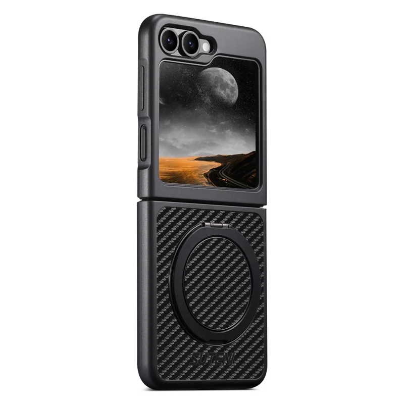 Capa SUTENI G3 para Samsung Galaxy Z Flip5 5G - Case Magnético com Suporte Giratório de 360 Graus, Textura de Fibra de Carbono e Parte Traseira em Couro Sintético