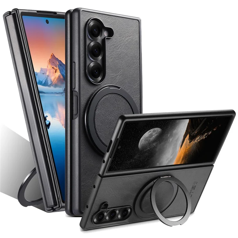 SUTENI G3 Для Samsung Galaxy Z Fold7 5G Чехол Совместимый с MagSafe Восковая текстура Вращающаяся подставка Кожаная задняя крышка телефона - Черный