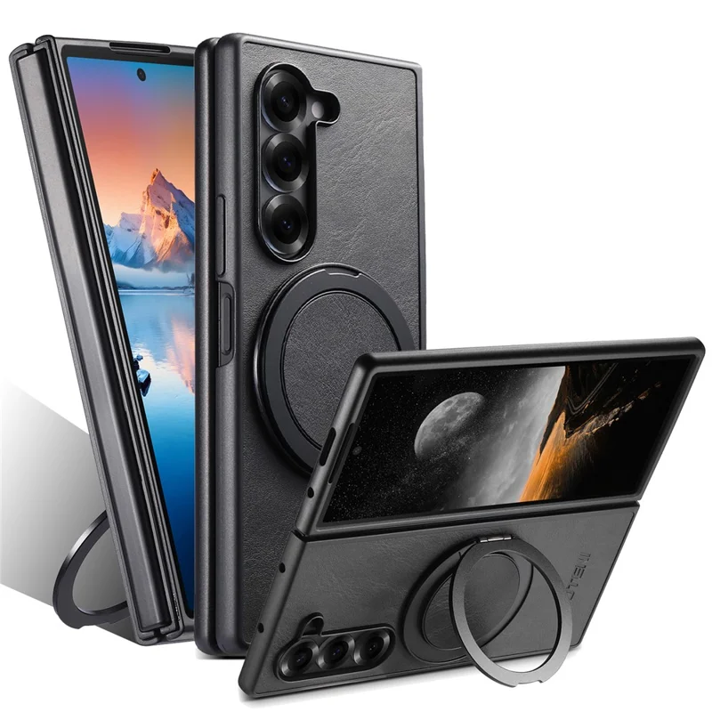 SUTENI G3 Funda para Samsung Galaxy Z Fold6 5G Compatible con MagSafe, Textura Cerosa, Soporte Giratorio, Cubierta Trasera de Cuero - Negro