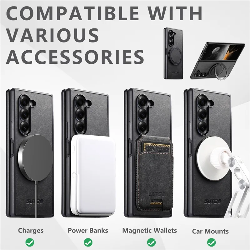 SUTENI G3 Funda para Samsung Galaxy Z Fold6 5G Compatible con MagSafe, Textura Cerosa, Soporte Giratorio, Cubierta Trasera de Cuero - Negro