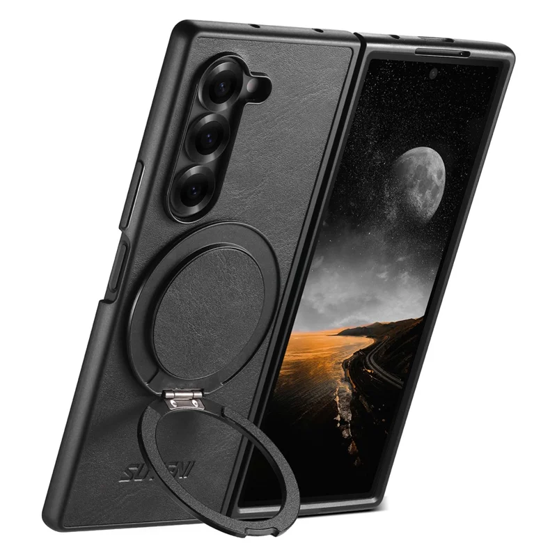 SUTENI G3 Funda para Samsung Galaxy Z Fold6 5G Compatible con MagSafe, Textura Cerosa, Soporte Giratorio, Cubierta Trasera de Cuero - Negro
