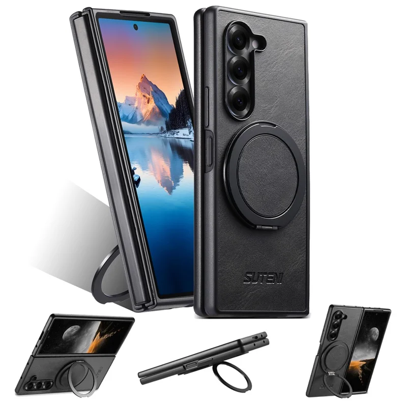 SUTENI G3 Funda para Samsung Galaxy Z Fold6 5G Compatible con MagSafe, Textura Cerosa, Soporte Giratorio, Cubierta Trasera de Cuero - Negro